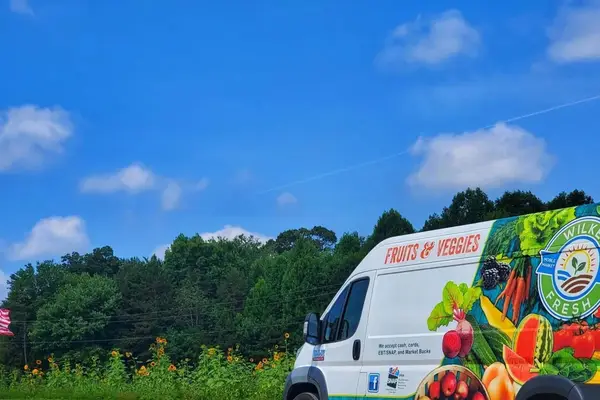A delivery van branded with "Fruits & Veggies" parked near a field of sunflowers, under a bright blue sky with fluffy clouds